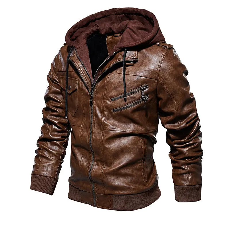 Herren Stylische Kunstlederjacke mit Kapuze Drune