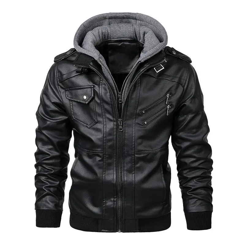 Herren stylische Kunstlederjacke mit Kapuze Drune