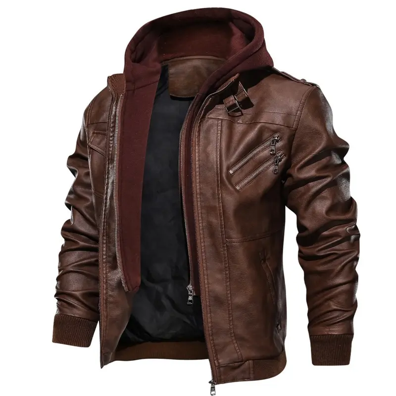 Herren Stylische Lederjacke mit abnehmbarer Kapuze Drune