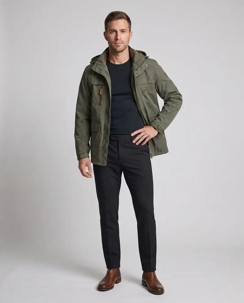 Herren-Sweatjacke mit Kapuze aus wasserabweisendem Canvas mit atmungsaktivem Mesh-Futter und Multifunktionstaschen Drune