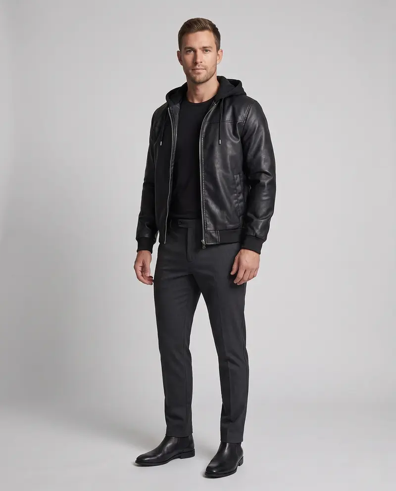Herren Sweatshirt aus Kunstleder mit Kapuze im urbanen Bomber-Stil mit Reißverschluss und gerippten Bündchen Drune