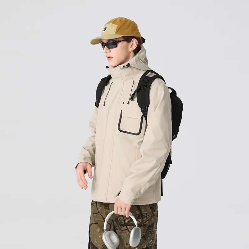 Herren Technische Funktionsjacke mit Kapuze, wasserabweisendem Softshell und Brustklappen-Tasche Drune