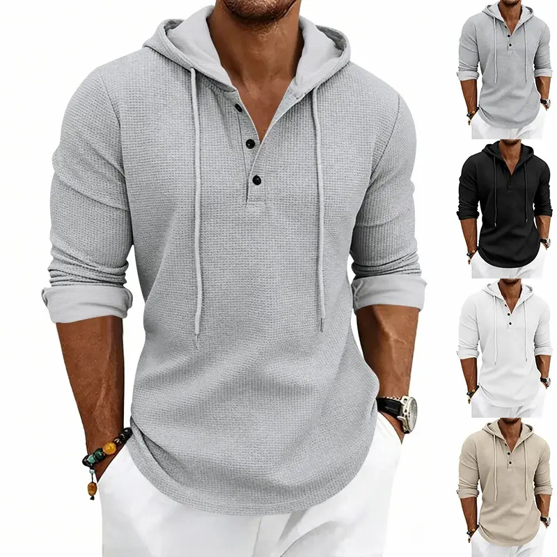 Herren Texturiertes Kapuzen-Langarmshirt mit Knopfleiste und Waffelstruktur Drune
