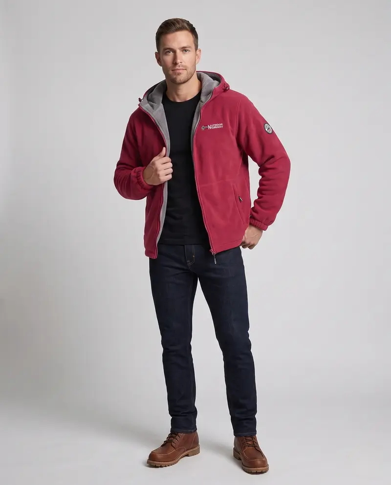 Herren Thermo-Fleece-Jacke mit doppellagiger Sherpa-Verdichtung, Kapuze und winddichter Oberfläche