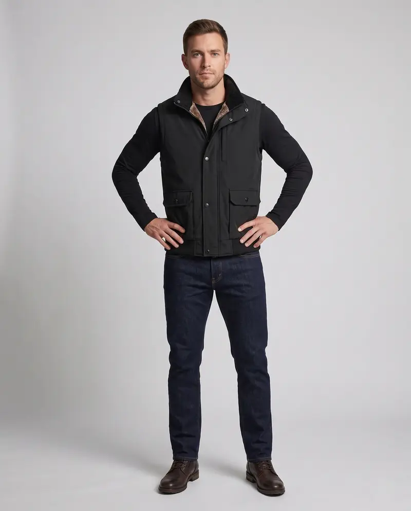 Herren Thermo-Fleece-Weste mit Kunstfellfutter, Stehkragen und Pattentaschen