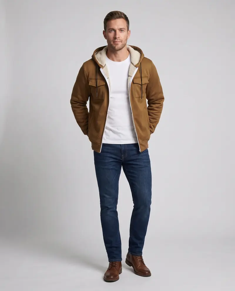 Herren Thermo gepolsterte Kapuzenjacke mit Teddy-Futter, Frontklappentaschen und gerippten Bündchen