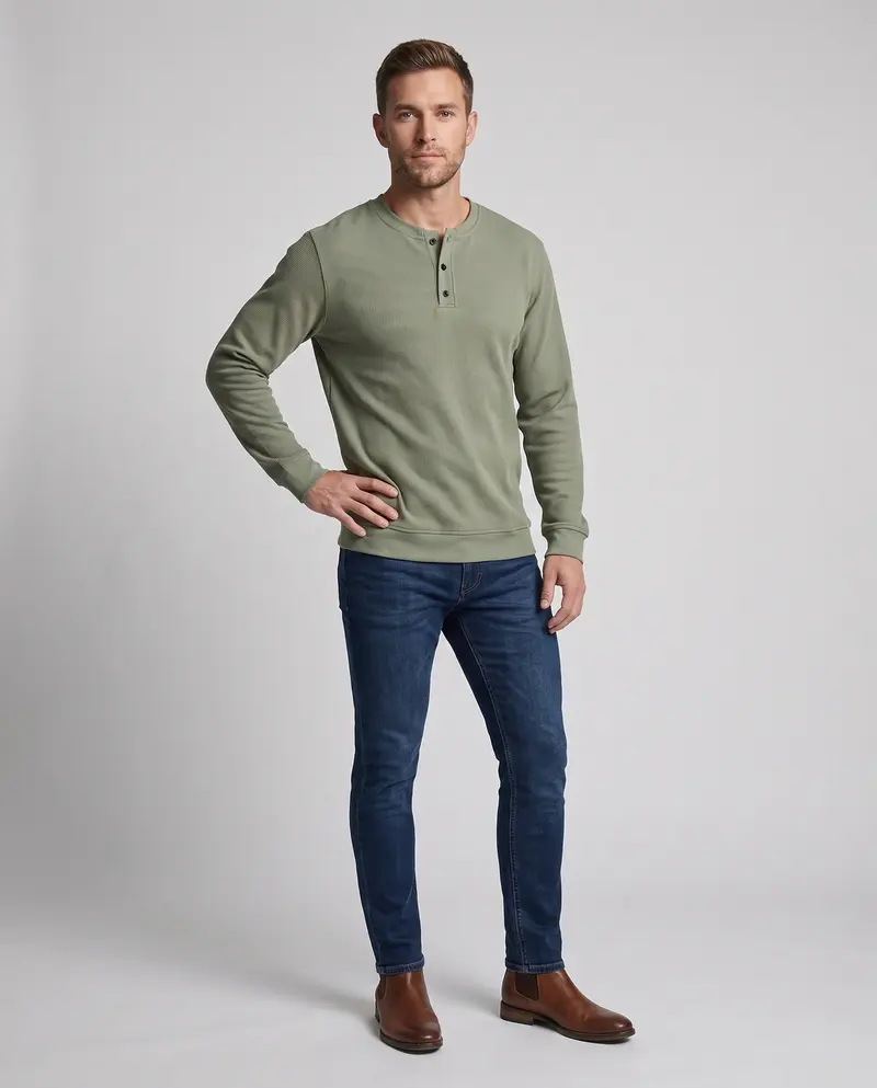 Herren Thermo Waffel Langarm mit Henley-Knopfleiste, lockere Passform und gerippte Bündchen