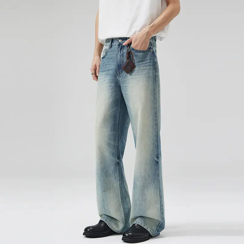 Herren Tiefsitzende Fließende Denim‑Schlaghose mit verlängertem Saum und Used‑Finish Drune