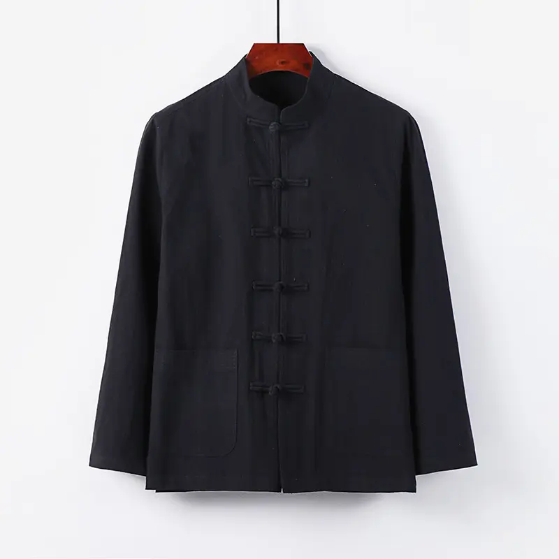Herren traditionelle Tang-Jacke mit Stehkragen und Knotenknöpfen aus Leinenmischung Drune