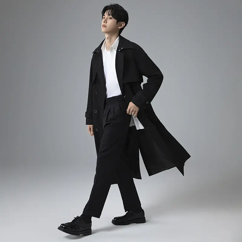 Herren Trenchcoat im minimalistischen Doppelreiher mit breitem Schalkragen und Taillengürtel Drune