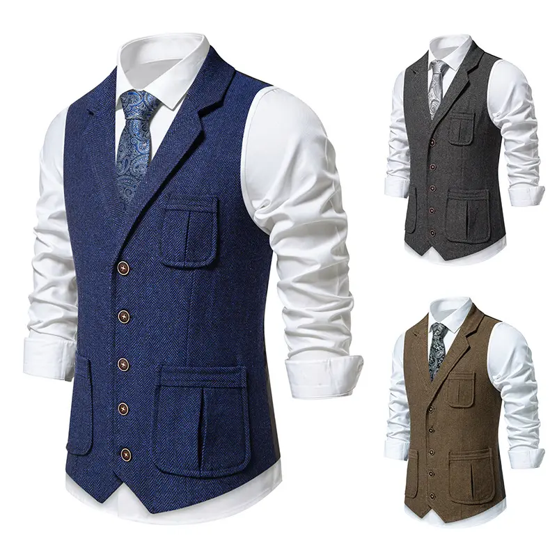 Herren Tweed-Weste mit Fischgrätmuster, Reverskragen und Pattentaschen Drune