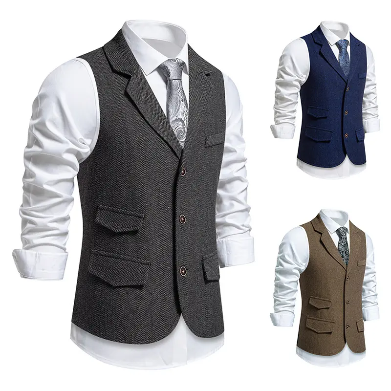 Herren Tweed-Weste mit Fischgrätstruktur, Reverskragen und Pattentaschen Drune
