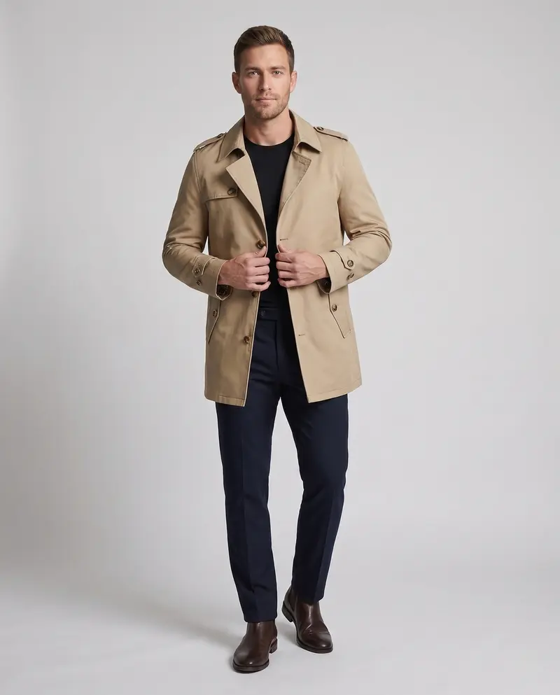 Herren Übergangs-Trenchcoat mit karierter Innenausstattung und winddichter Oberfläche