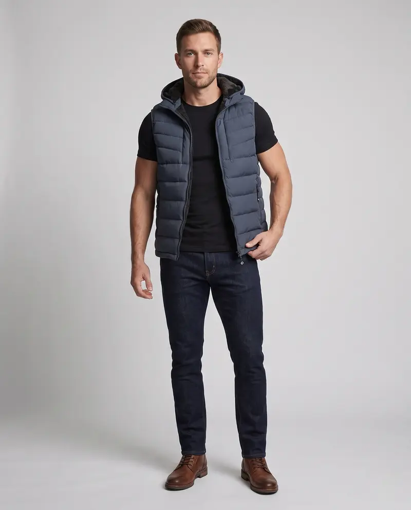 Herren ultra-warme gepolsterte Weste mit Kapuze, Fleece-Innenfutter und winddichter Außenschicht