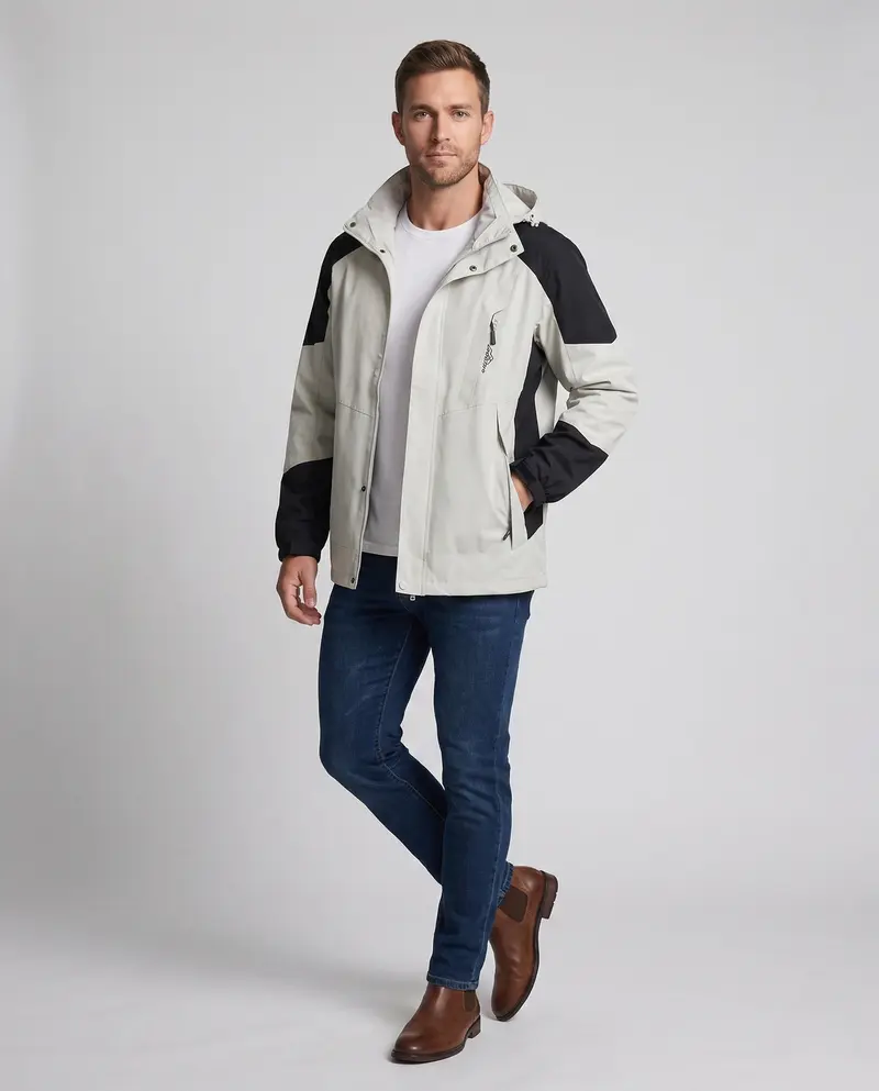 Herren ultraleichte packbare Hardshell-Jacke mit verstellbarer Kapuze, versiegelten Nähten und schrägem Brust-Reißverschluss