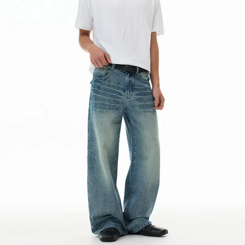 Herren Ultraweit geschnittene Denim-Baggy-Jeans mit markanten Whisker-Akzenten und bodenlangem Saum Drune