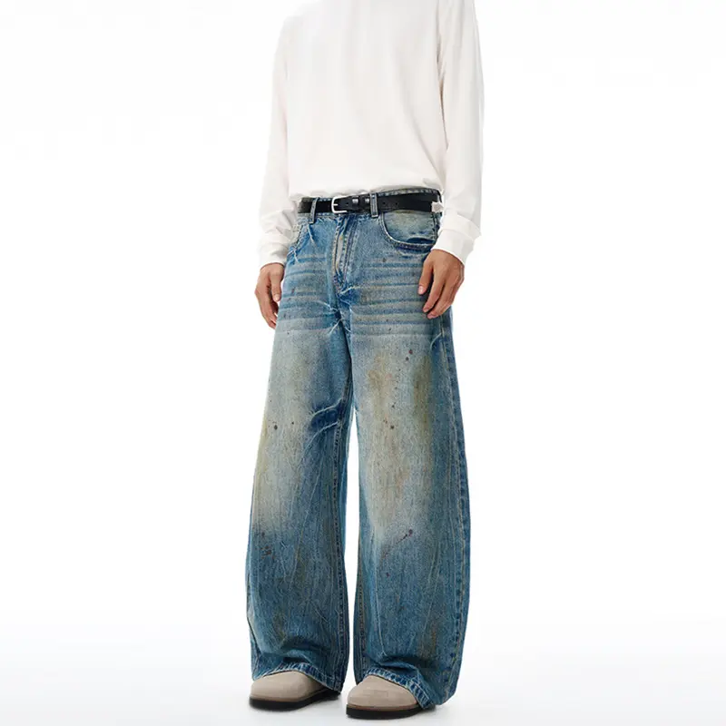 Herren Ultraweite Denim-Baggyhose im Vintage-Look mit Farbpatina und tiefem Schritt Drune