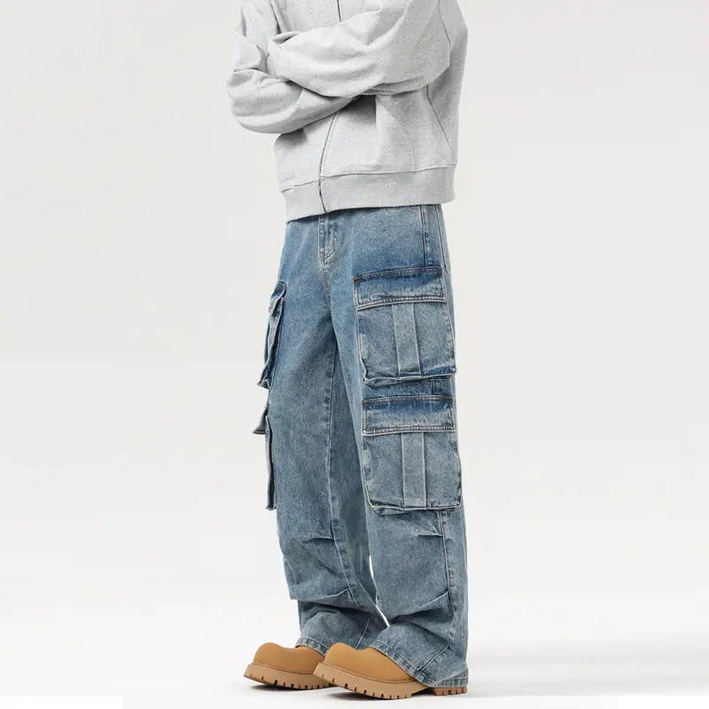 Herren Ultraweite Denim-Cargo-Jeans im Baggy-Cut mit mehrfachen Klappentaschen Drune