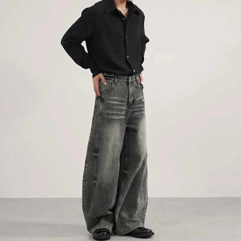 Herren Ultraweite vintagegewaschene Denim-Palazzohose mit tiefem Schritt und geradem Saum Drune
