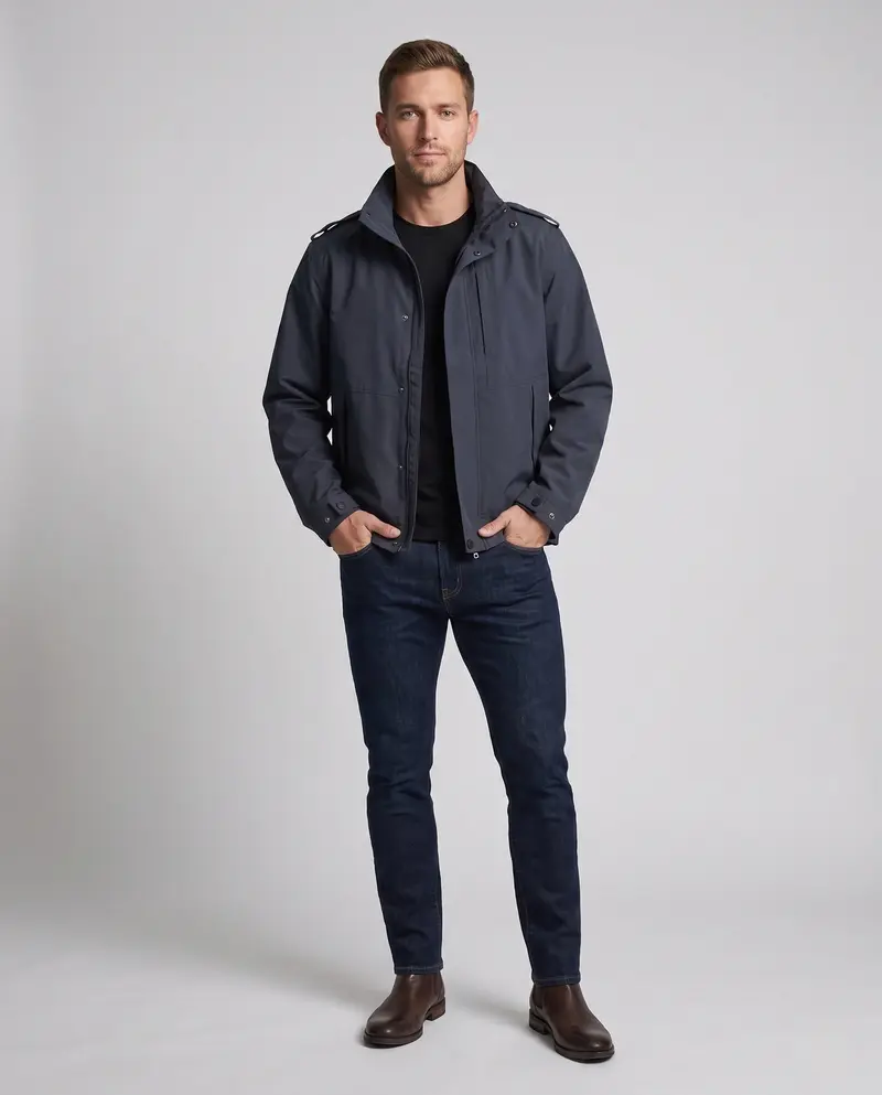 Herren urbane Funktionsjacke mit verdeckter Frontklappe, kontrastierender Paspelierung und verstellbarem Saum