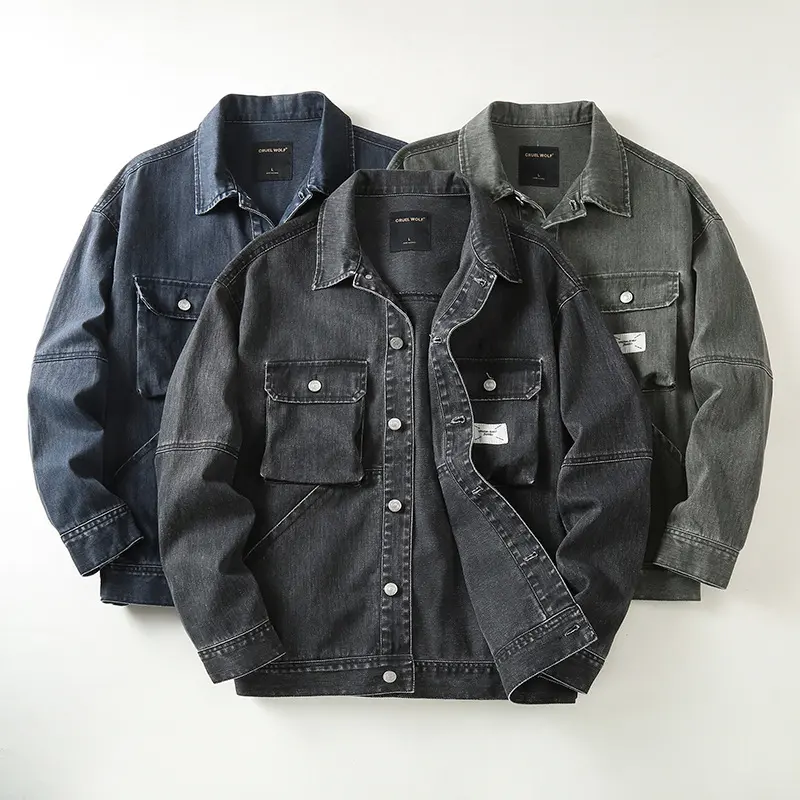 Herren Utility-Denimjacke mit Oversized-Brusttaschen und durchgehender Knopfleiste Drune