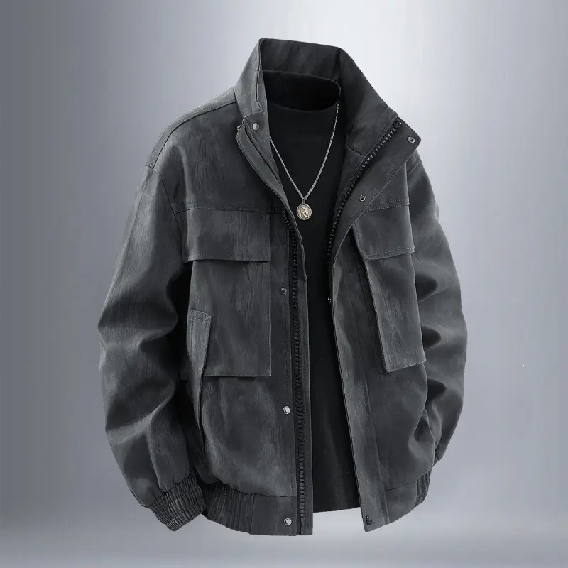 Herren Utility-Harringtonjacke in Lederoptik mit Mehrfachtaschen und elastischem Saum Drune