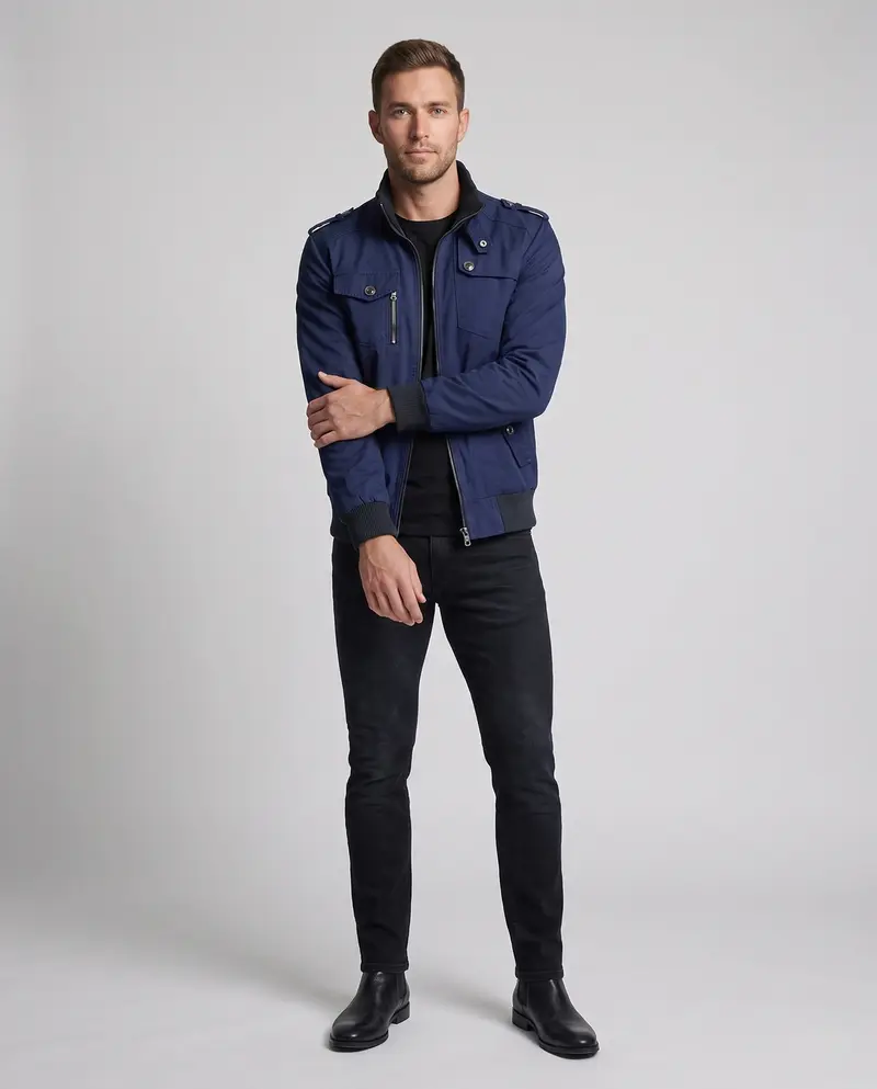 Herren Utility Style Canvas Feldjacke mit Schulterriemen, Reißverschluss und gerippten Bündchen Drune