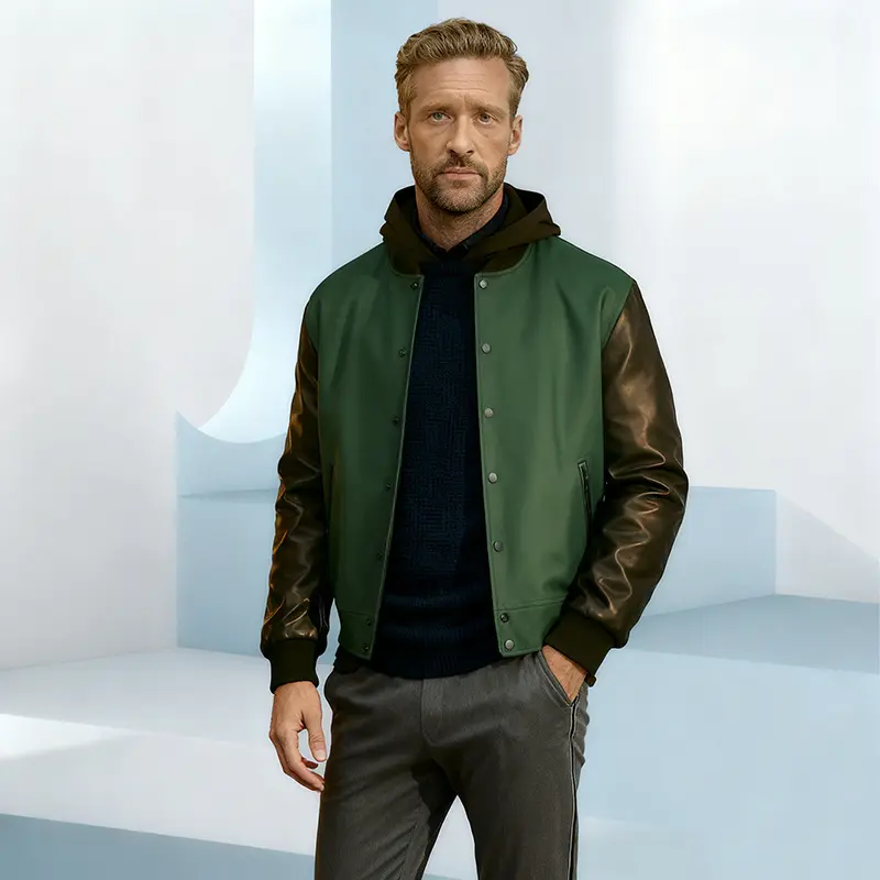 Herren Varsity‑Bomberjacke im College‑Stil mit Wollkörper und Lederärmeln Drune