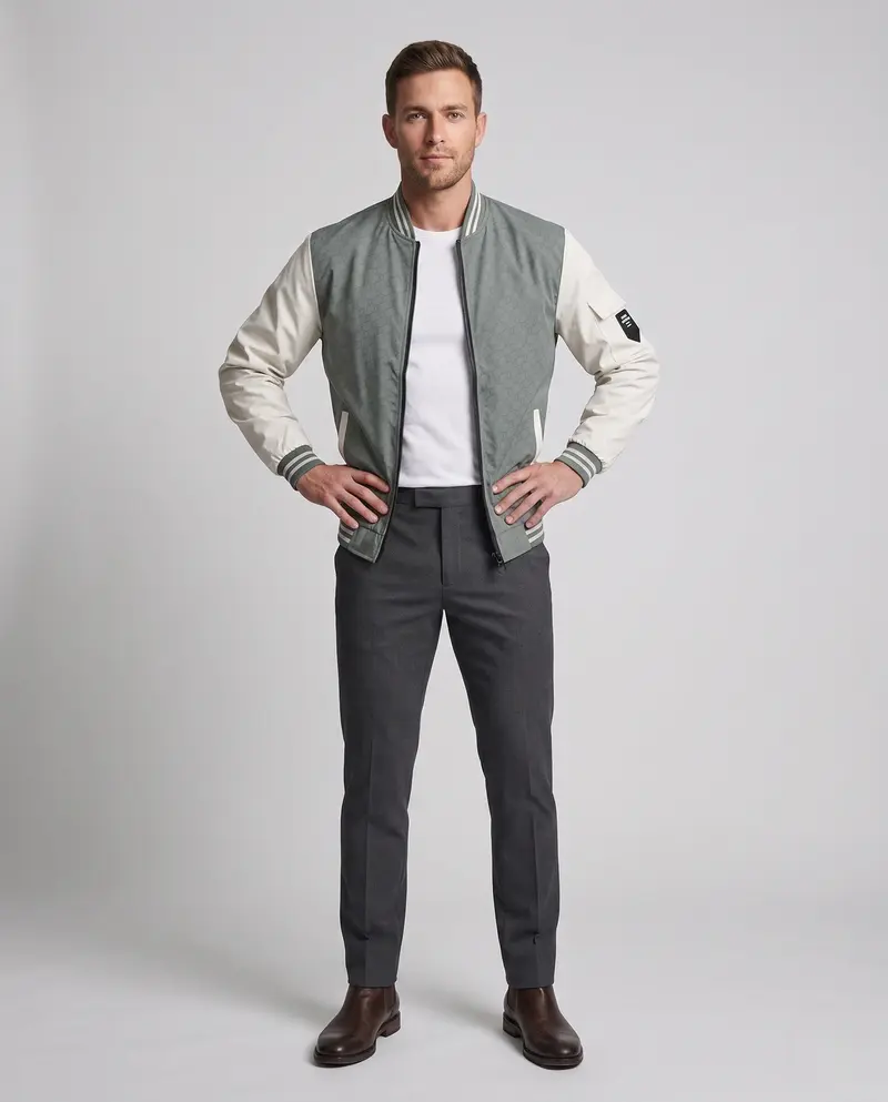 Herren Varsity Bomberjacke im Kontrastdesign mit gestreiftem Rippkragen und Armtasche