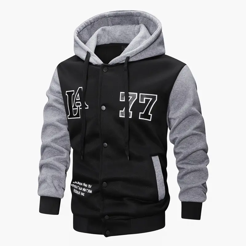 Herren Varsity-Kapuzenjacke im College‑Look mit Druck, Druckknopf‑Front und Kontrastärmeln Drune