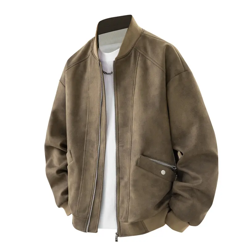 Herren Velours-Optik Bomberjacke im Boxy‑Cut mit Rippkragen, Frontreißverschluss & kombiniertem Zipper-/Klappenfach Drune
