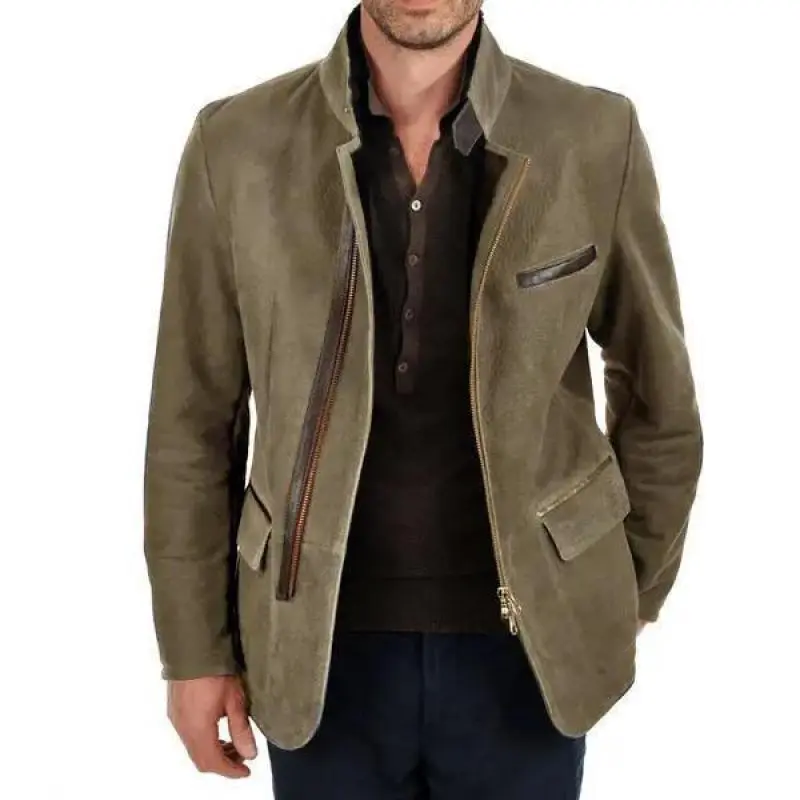 Herren Veloursleder-Fieldjacke im Fliegerstil mit Stehkragen, asymmetrischem beidseitig öffnendem Reißverschluss und kontrastierenden Lederbesätzen Drune