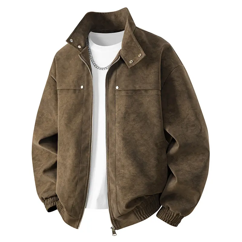 Herren Veloursleder‑Optik Bomberjacke mit Stehkragen, Reißverschluss und elastischem Saum Drune