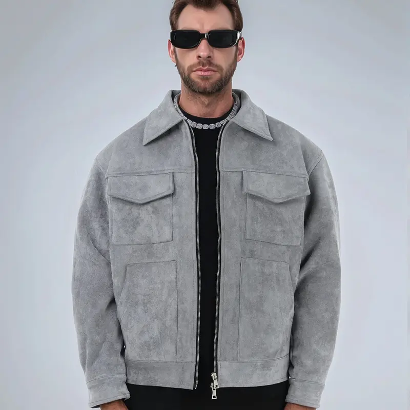 Herren Veloursleder-Overshirt mit vier Pattentaschen und Zwei-Wege-Reißverschluss Drune