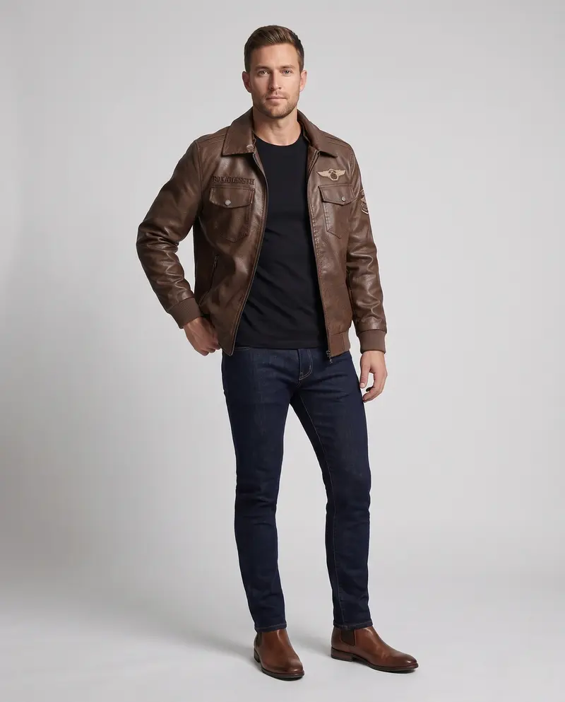 Herren Vintage Biker Kunstleder Bomberjacke mit Stickereipatronen und Teddy-Futter