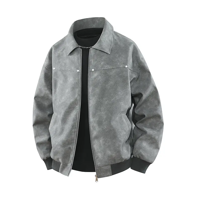 Herren Vintage-inspirierte Veloursleder-Optik Bomberjacke mit Hemdkragen & Rippbund Drune