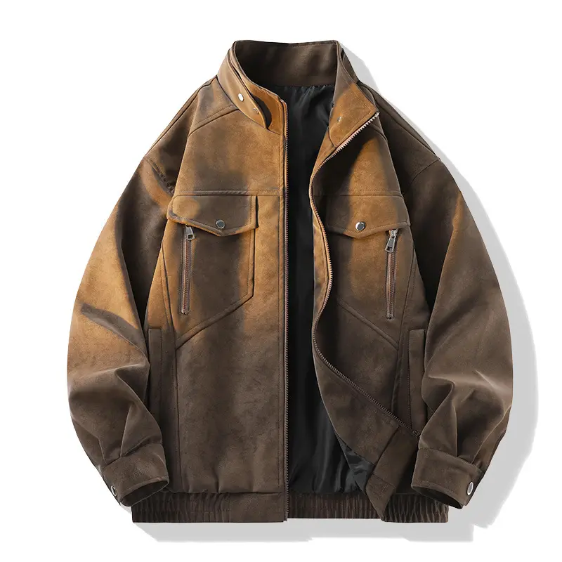 Herren Vintage-Optik Wildlederjacke mit Stehkragen, Utility-Taschen und Reißverschluss Drune