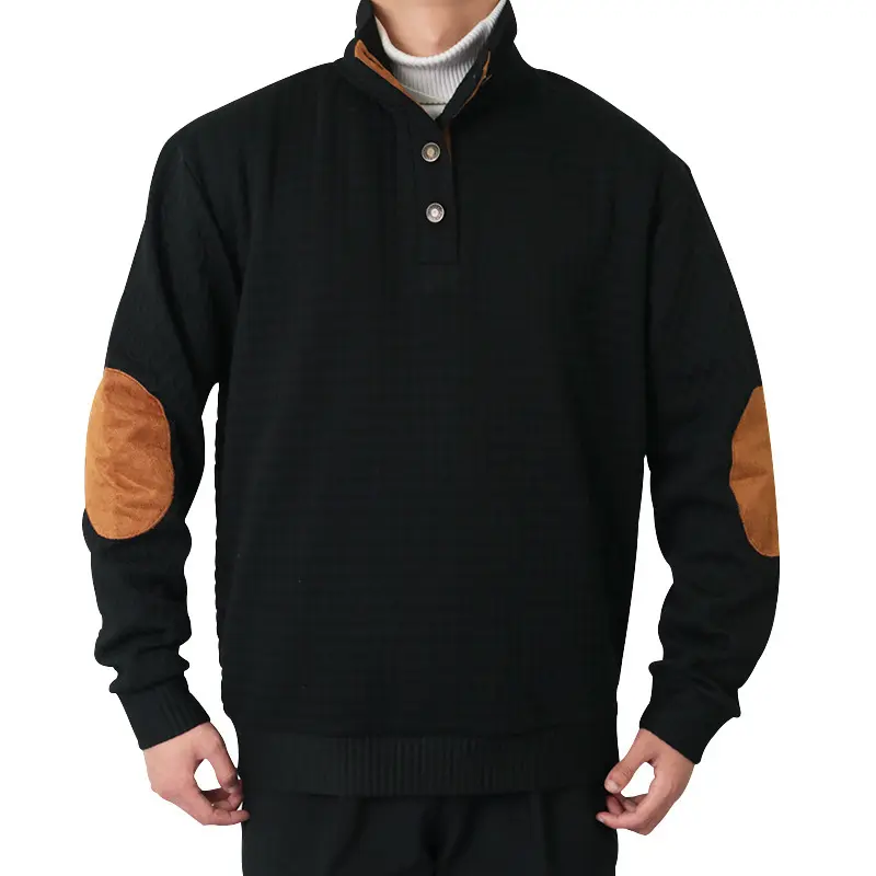 Herren Waffelstrick-Halbzip-Pullover mit Stehkragen Lederbesatz und Ellbogenpatches Drune