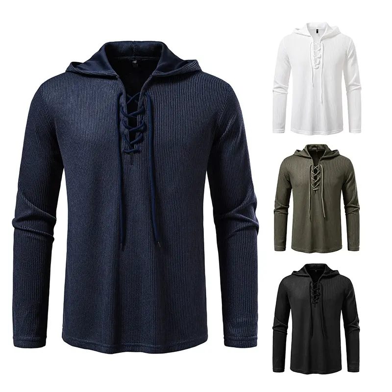 Herren Waffelstrick-Kapuzenpullover mit Schnürkragen und geradem Saum Drune