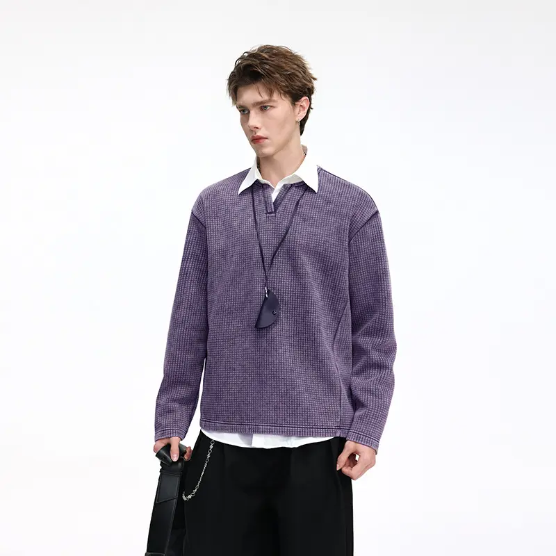 Herren Waffelstrick-Longsleeve mit V‑Schlitzkragen und Relaxed-Fit Drune