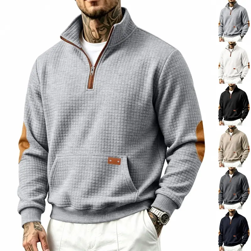 Herren Waffelstruktur-Fleecepullover mit Stehkragen, Kängurutasche und Kontrastbesatz Drune