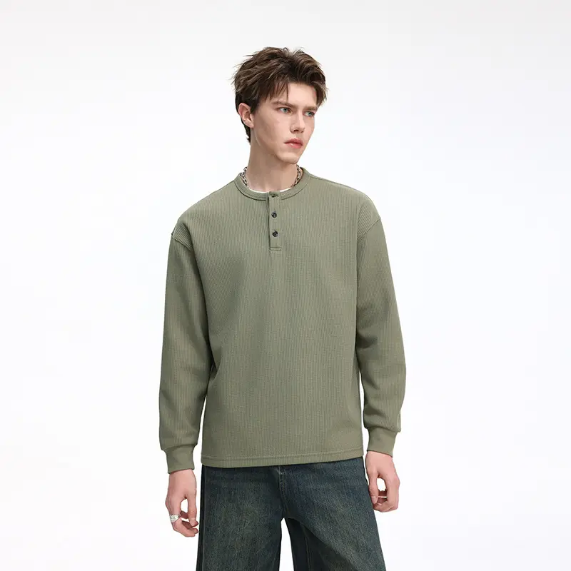 Herren Waffelstruktur-Henley-Thermashirt mit Knopfleiste und Relaxed-Fit Drune
