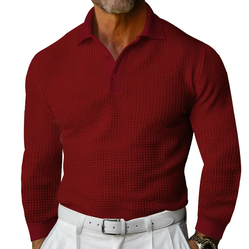 Herren Waffelstruktur-Poloshirt mit Langarm, Slim-Fit und Kentkragen Drune