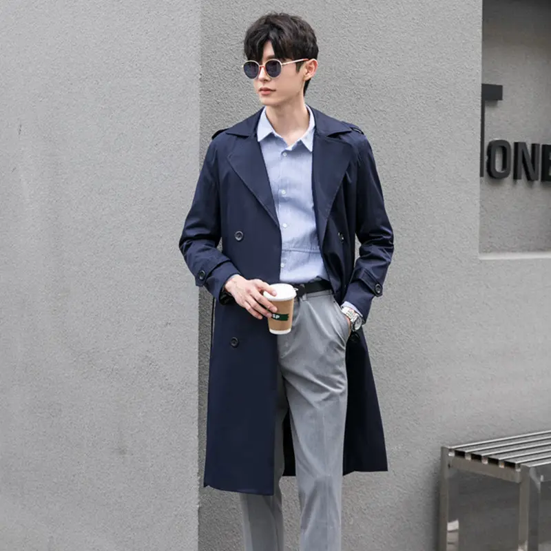 Herren Wasserabweisender Trenchcoat mit Doppelreihe, klassischem Revers und Taillengürtel Drune