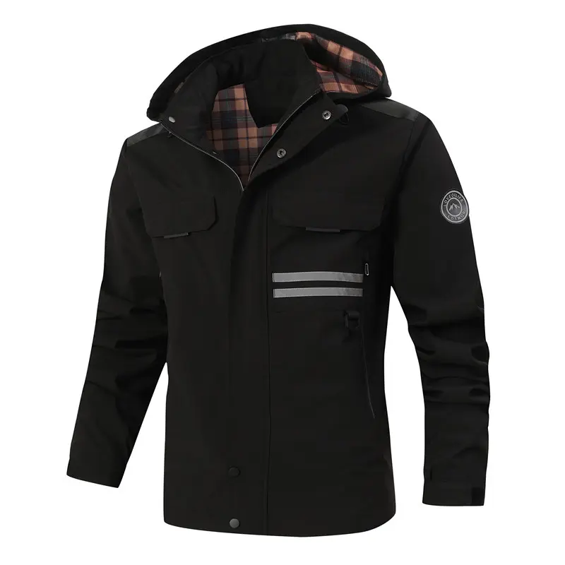 Herren Wasserdichte Fieldjacke mit Kapuze, reflektierenden Streifen und kariertem Innenfutter Drune
