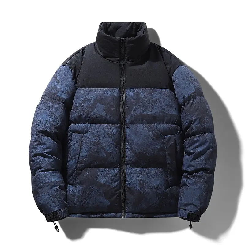 Herren Wattierte Steppjacke mit Camouflage‑Print, hohem Stehkragen & verstellbarem Saum Drune