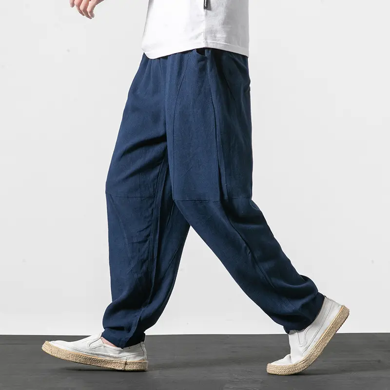Herren Weiche Leinenmix-Loungehose mit tiefem Schritt, elastischem Bund und taillierter Beinverjüngung Drune