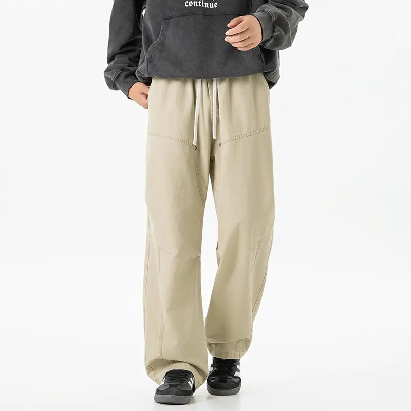 Herren weite Baggy-Cargohose aus gewaschenem Canvas mit Elastikbund und dekorativen Nahtpaneelen Drune