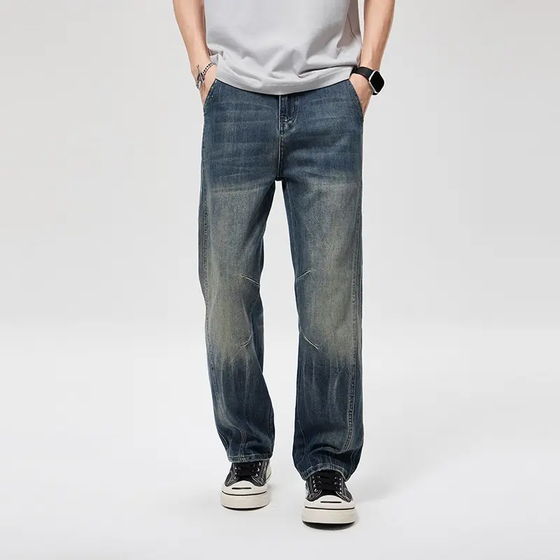 Herren Weite Baggy-Jeans im Vintage‑Wash mit Knie‑Detail Drune