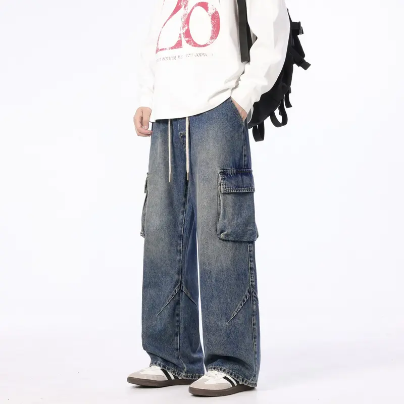 Herren Weite Cargo-Denimhose mit Tunnelzug, Used‑Waschung und Oversize‑Passform Drune